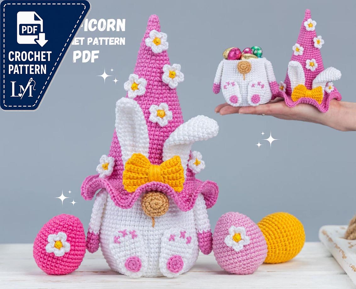 Crochet patterns Easter bunny and crochet egg pattern, Crochet bunny gnome amigurumi pattern, Crochet Easter decorations pattern